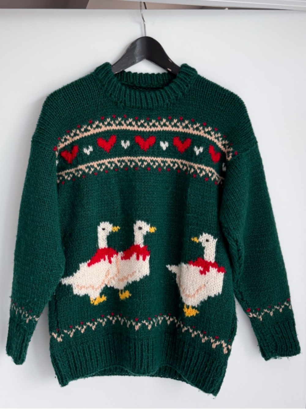 Vintage Hand Knit Duck Sweater Dark Green Chunky Heavyweight Fair Isle Hearts